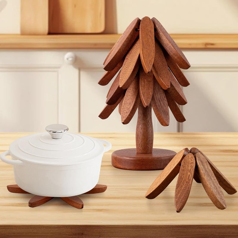 Vertdens Wooden Trivets for Hot Dishes， Hot Dish Coaster with Tree-Shaped Wood Collapsible Hot Pad Trivet Tree for Restaurant，4 Wooden Trivet + 1 Stand（Walnut Wood） - Image 4