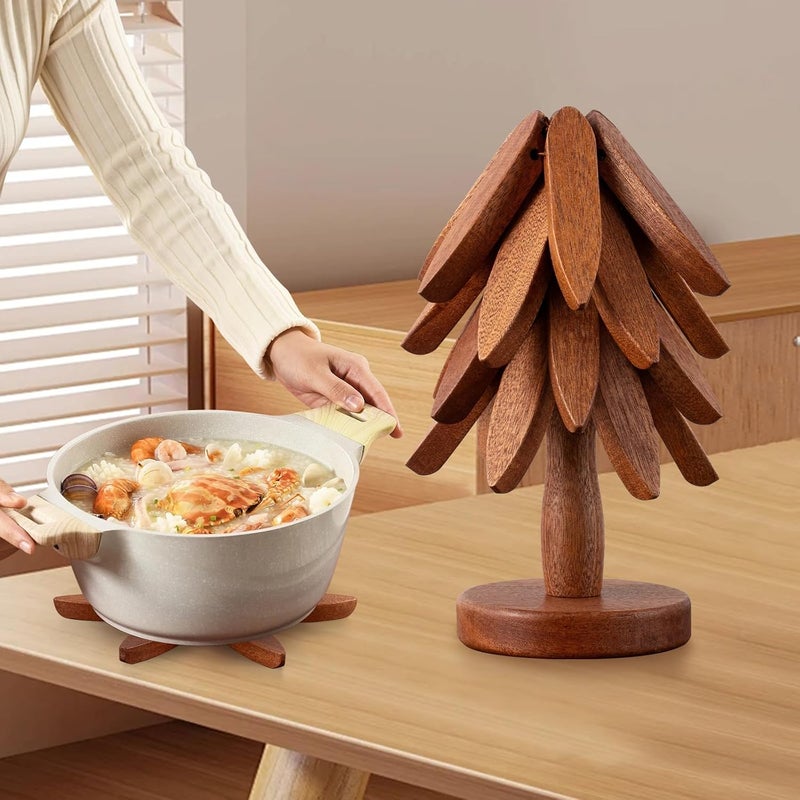 Vertdens Wooden Trivets for Hot Dishes， Hot Dish Coaster with Tree-Shaped Wood Collapsible Hot Pad Trivet Tree for Restaurant，4 Wooden Trivet + 1 Stand（Walnut Wood） - Image 5