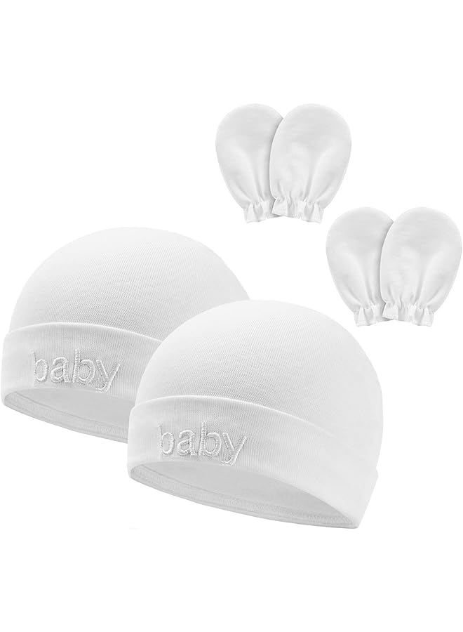 erorex Newborn Baby Hat And Mitten Set 2 White Cotton Hats With 2 Pairs Of Scratch Free Gloves For Infants  - Image 1