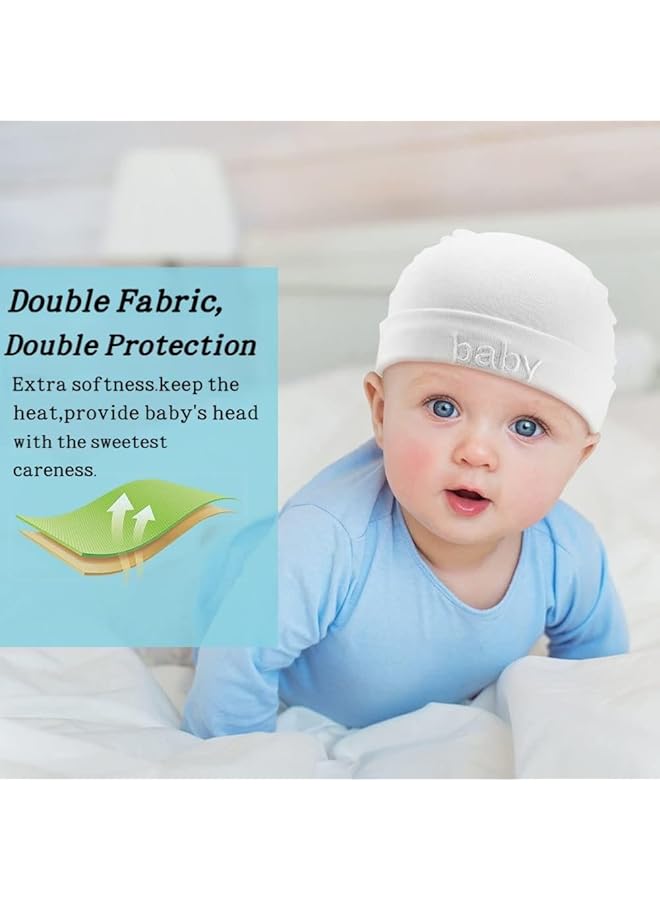 erorex Newborn Baby Hat And Mitten Set 2 White Cotton Hats With 2 Pairs Of Scratch Free Gloves For Infants  - Image 3