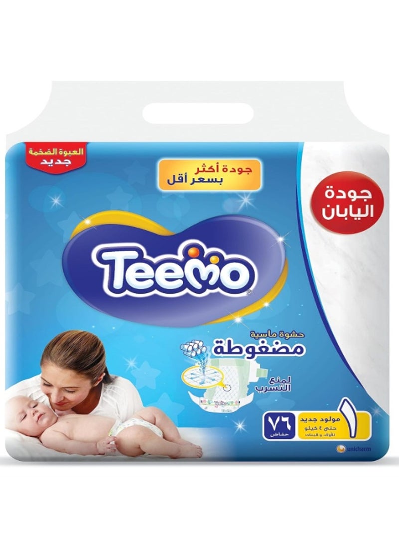 Teemo Baby Diapers Newborn Size 1 (Up to 4 kg) Mega Pack 76 Diapers