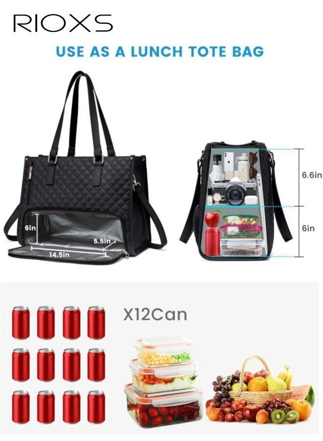RIOXS Lunch Tote Bag for Women, 15.6 Inch Leather Laptop Bag with Insulated Lunch Compartment and Cup Holder, Quilted Large Capacity Computer Handbag Work Tote with Purse for Business, Work, Nurse, Office, Collage, Casual, Black - Image 4