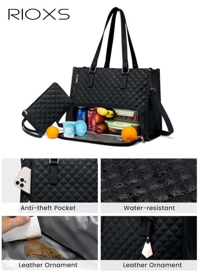 RIOXS Lunch Tote Bag for Women, 15.6 Inch Leather Laptop Bag with Insulated Lunch Compartment and Cup Holder, Quilted Large Capacity Computer Handbag Work Tote with Purse for Business, Work, Nurse, Office, Collage, Casual, Black - Image 5