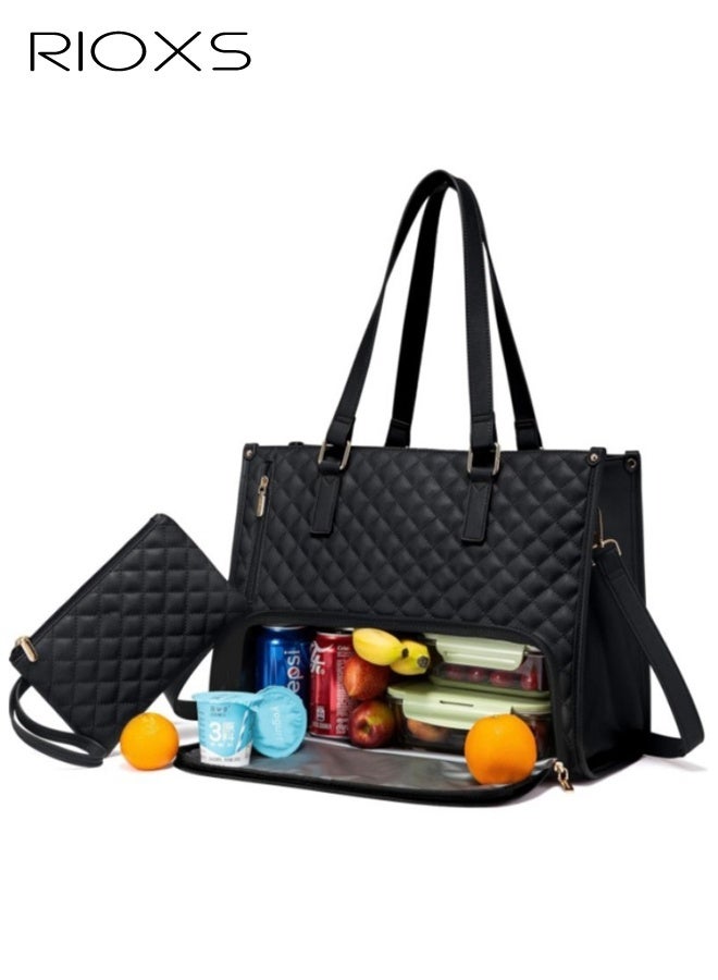 RIOXS Lunch Tote Bag for Women, 15.6 Inch Leather Laptop Bag with Insulated Lunch Compartment and Cup Holder, Quilted Large Capacity Computer Handbag Work Tote with Purse for Business, Work, Nurse, Office, Collage, Casual, Black - Image 1