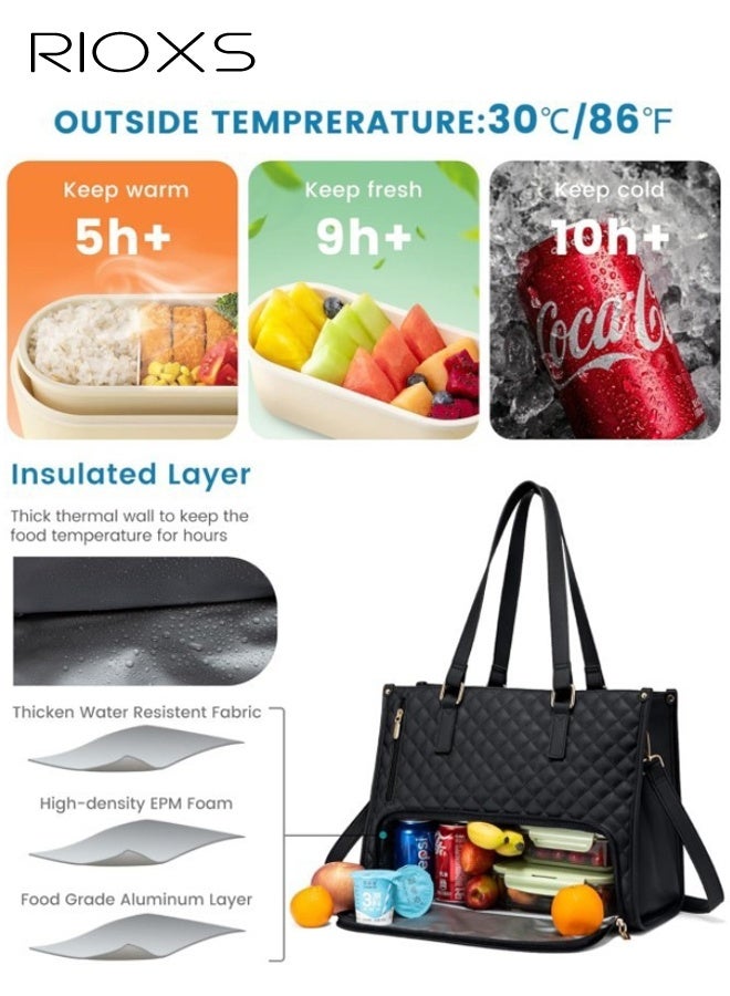 RIOXS Lunch Tote Bag for Women, 15.6 Inch Leather Laptop Bag with Insulated Lunch Compartment and Cup Holder, Quilted Large Capacity Computer Handbag Work Tote with Purse for Business, Work, Nurse, Office, Collage, Casual, Black - Image 2