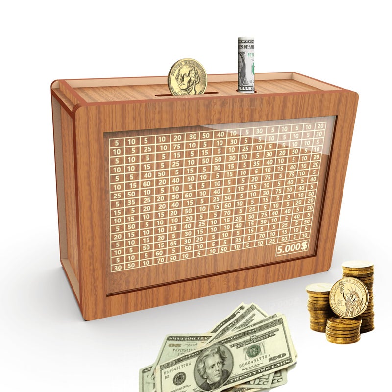 Piggy Bank for Adults Kids Wooden Coin Bank for Boys and Girls Cash Vault Money Saving Box with Counter 5000 Savings Challenge Money Box with Money Target and Numbers Brown 5000