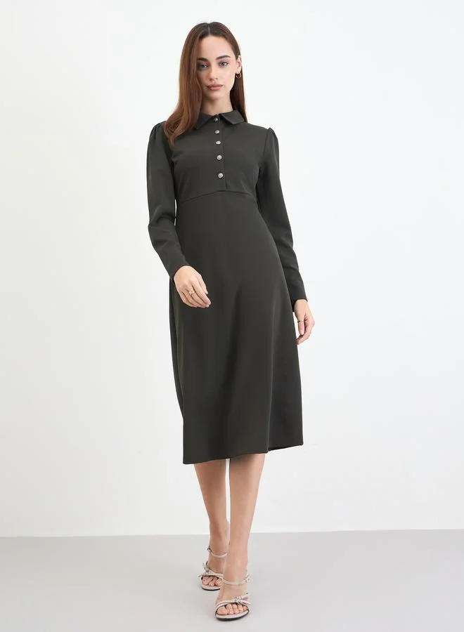 Olive Green Long Sleeve A-Line Midi Dress