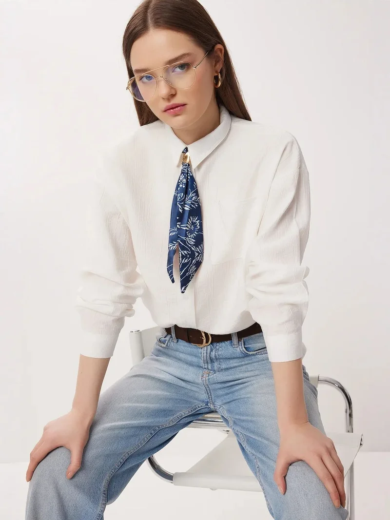 السعادة في إسطنبول ISTANBUL Textured Oversized Button-Up Shirt with Tie Detail