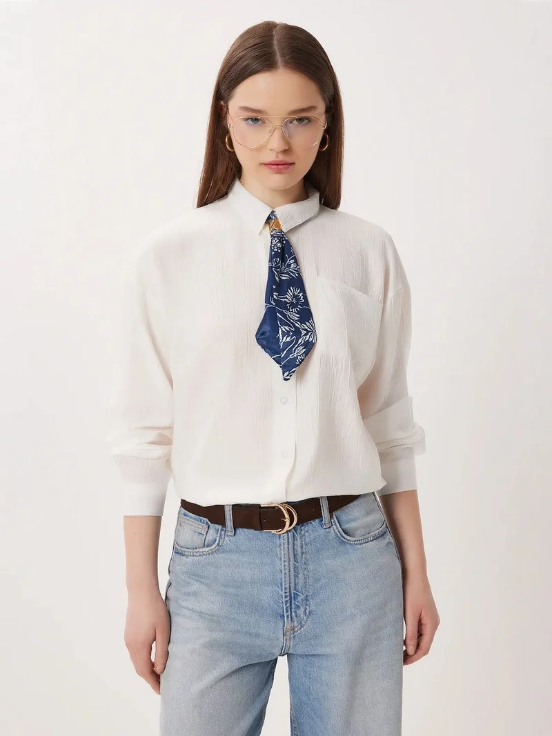 السعادة في إسطنبول ISTANBUL Textured Oversized Button-Up Shirt with Tie Detail