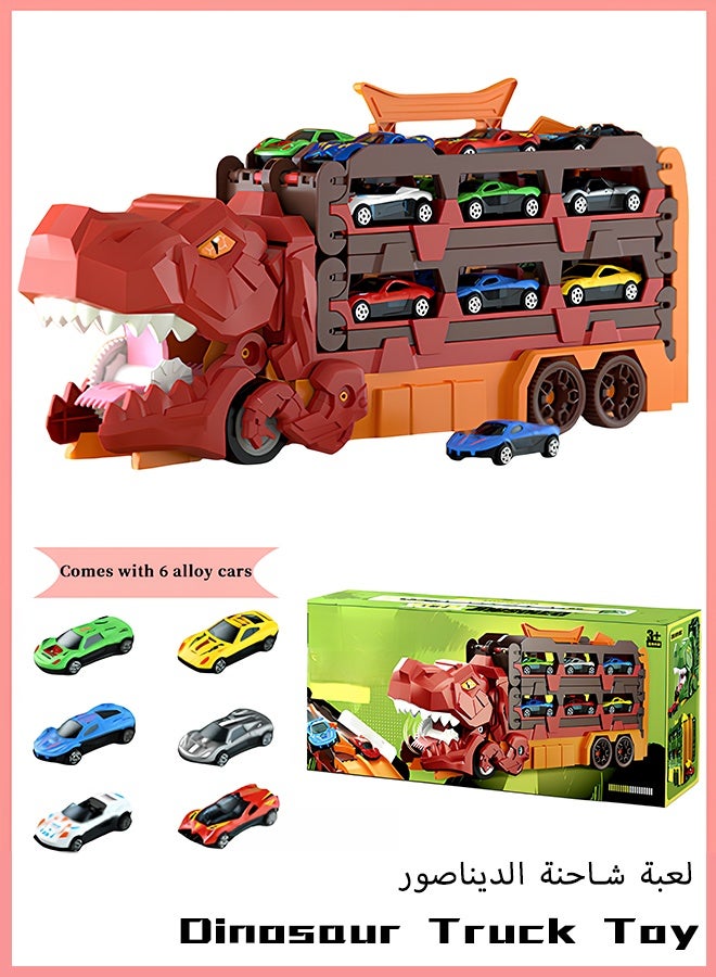 كويفلوكس لعبة شاحنة ديناصور، لعبة شاحنة 2 في 1، مسار سباق قابل للطي يمتد إلى 158 سم مع 6 سيارات من السبائك، لعبة شاحنة ابتلاع الديناصور وإطلاقه وتخزينه، مركبة ديناصور متحولة، ألعاب تنافسية للأطفال من سن 3 سنوات فما فوق (أحمر) - Image 1