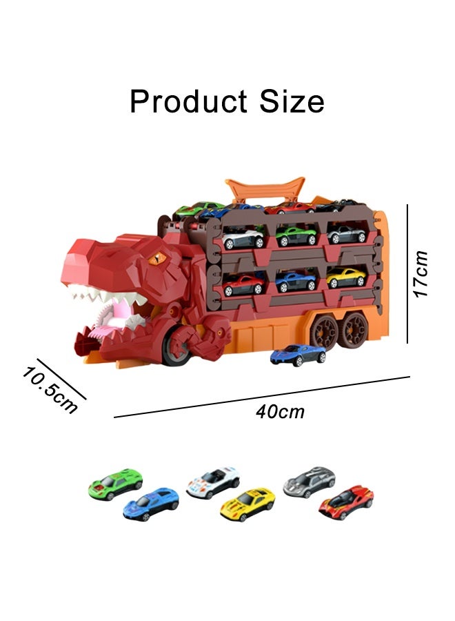 كويفلوكس لعبة شاحنة ديناصور، لعبة شاحنة 2 في 1، مسار سباق قابل للطي يمتد إلى 158 سم مع 6 سيارات من السبائك، لعبة شاحنة ابتلاع الديناصور وإطلاقه وتخزينه، مركبة ديناصور متحولة، ألعاب تنافسية للأطفال من سن 3 سنوات فما فوق (أحمر) - Image 2