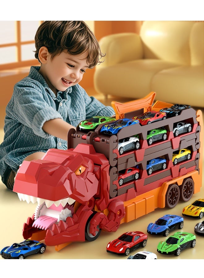 كويفلوكس لعبة شاحنة ديناصور، لعبة شاحنة 2 في 1، مسار سباق قابل للطي يمتد إلى 158 سم مع 6 سيارات من السبائك، لعبة شاحنة ابتلاع الديناصور وإطلاقه وتخزينه، مركبة ديناصور متحولة، ألعاب تنافسية للأطفال من سن 3 سنوات فما فوق (أحمر) - Image 3