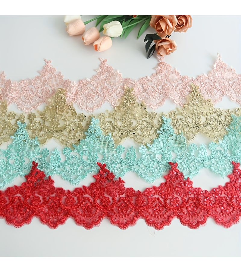 Multicolor Embroidered Lace Dress Fabric DIY Home Textile Accessories Dark Green 1 Yard - Image 4