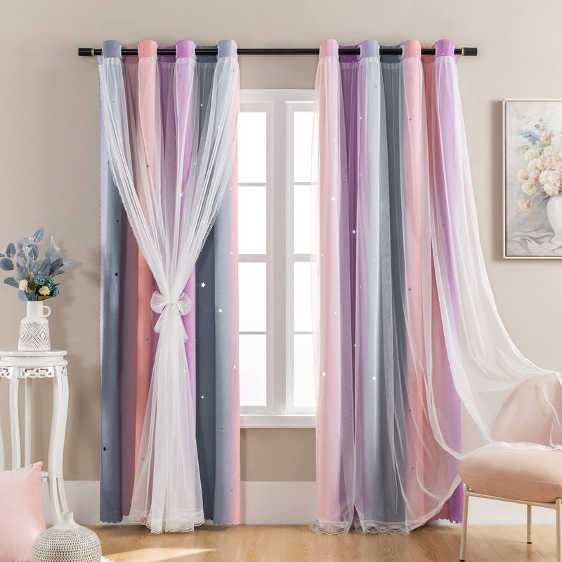 XiDi Dream Star Blackout Curtains for Kids Rooms Girl Princess Curtain for Daughter Bedroom Window (Grey Pink Purple, W34 X L63) - Image 1