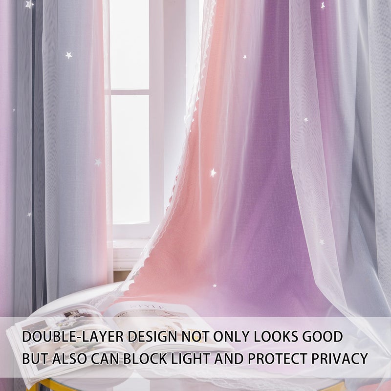 XiDi Dream Star Blackout Curtains for Kids Rooms Girl Princess Curtain for Daughter Bedroom Window (Grey Pink Purple, W34 X L63) - Image 2