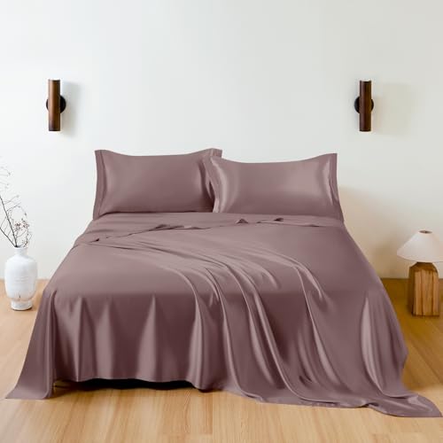 THXSILK 100% Mulberry Silk Sheet Set, 7A+ Silk Sheet Set Soft Breathable, Luxury Bedding (1 Flat Sheet, 1 Fitted Sheet, 2 Pillow Shams) King, Purple - Image 1