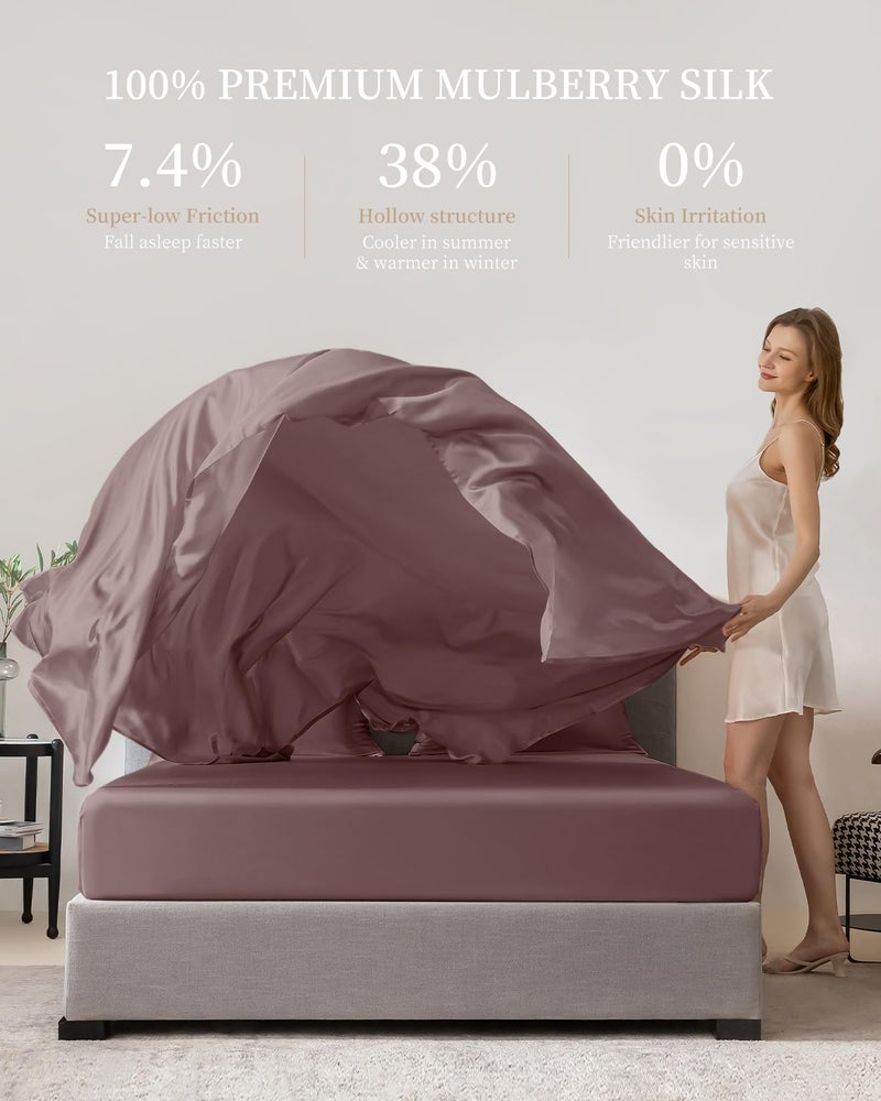 THXSILK 100% Mulberry Silk Sheet Set, 7A+ Silk Sheet Set Soft Breathable, Luxury Bedding (1 Flat Sheet, 1 Fitted Sheet, 2 Pillow Shams) King, Purple - Image 3
