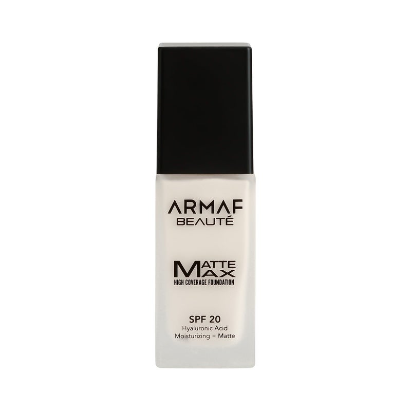 Armaf Beaute Face Make Up Matte Max High Coverage Liquid Foundation SPF 20 30ml, Porcelain Colour, Hyaluronic Acid, Moisturizing & Matte Finish Foundation, Lightweight Formula, For All Skin Types