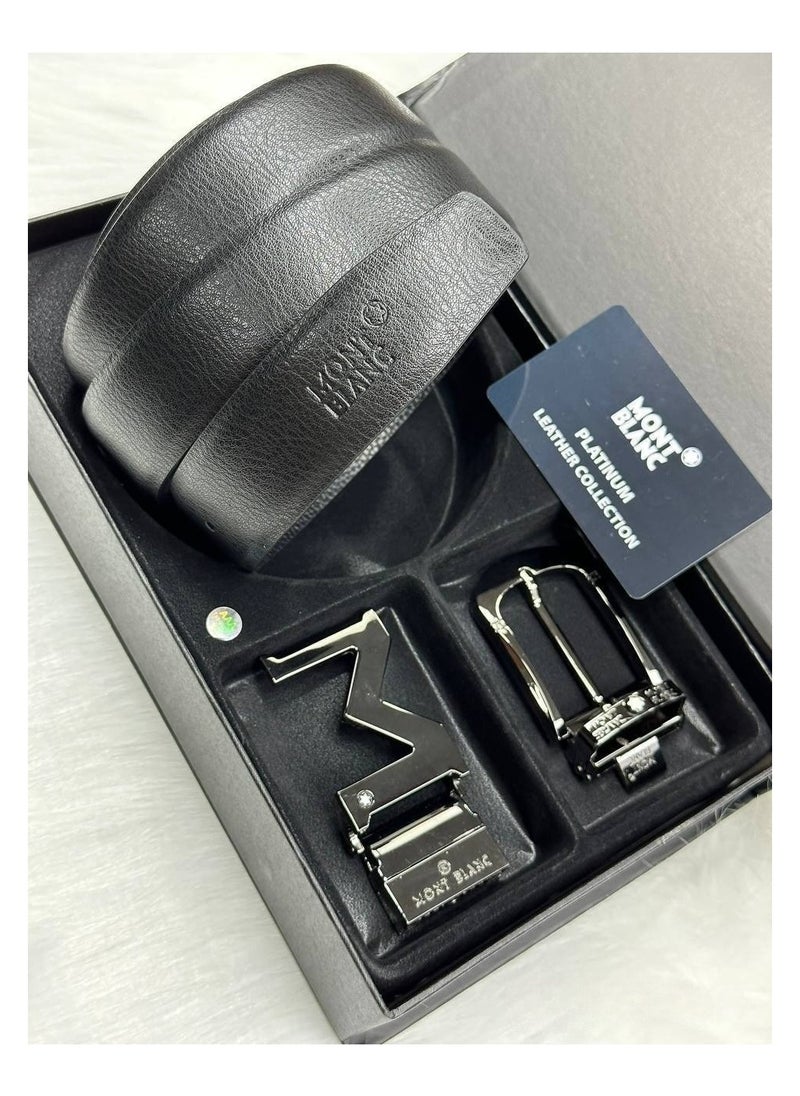 Mont Blanc Mont Blanc Platinum Leather Belt Collection with Signature "M" and Classic Buckles 