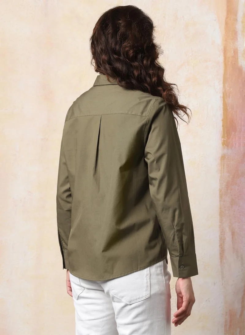 HIGH STAR Women Comfort Fit Spread Collar Solid Cotton Casual Shirt