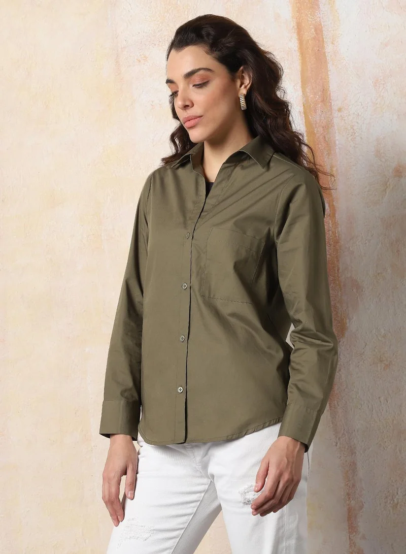 HIGH STAR Women Comfort Fit Spread Collar Solid Cotton Casual Shirt