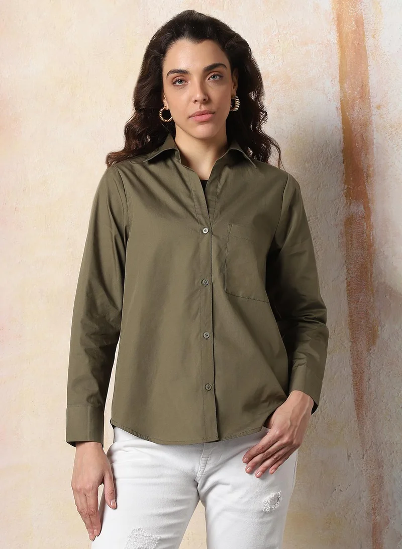 HIGH STAR Women Comfort Fit Spread Collar Solid Cotton Casual Shirt