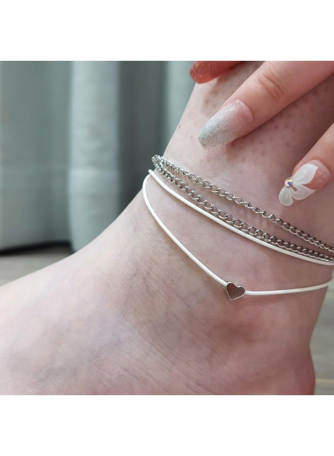 Peutlhomy Silver Ankle Bracelets for Women Layered Silver Link Anklets Adjustable Heart Anklet Summer Foot Jewelry, other - Image 5
