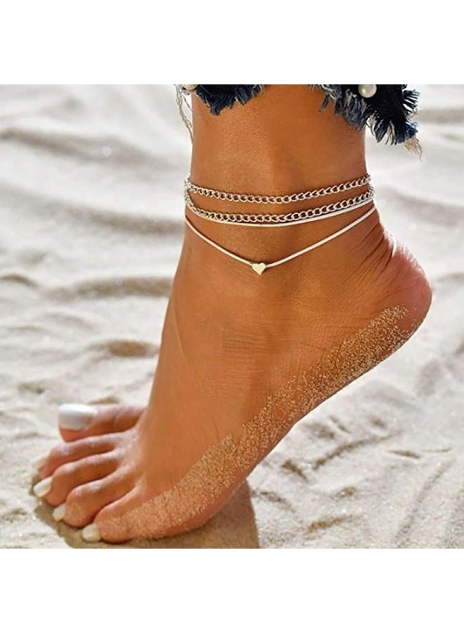 Peutlhomy Silver Ankle Bracelets for Women Layered Silver Link Anklets Adjustable Heart Anklet Summer Foot Jewelry, other - Image 3
