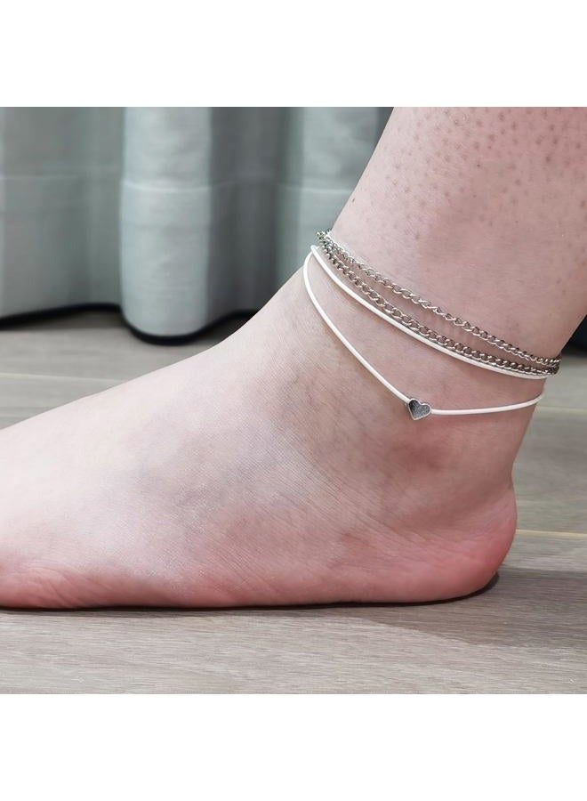 Peutlhomy Silver Ankle Bracelets for Women Layered Silver Link Anklets Adjustable Heart Anklet Summer Foot Jewelry, other - Image 4
