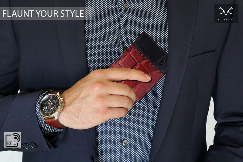 AL FASCINO Men's Leather Wallet, Maroon and Black - Image 2