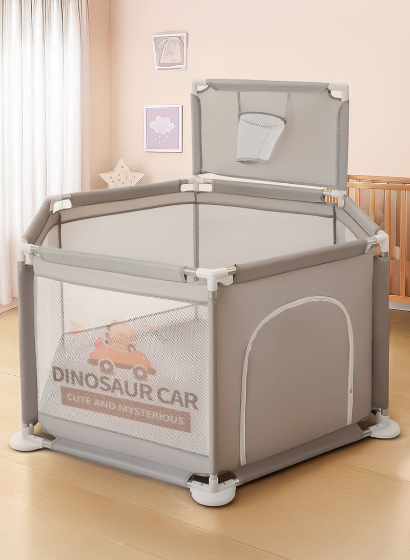 Baybee Kids Playpen for Babies | Baby Playards with Basketball Hook, Zipper Lock & Corner Protection | Infant Indoor And Outdoor Kids Activity Center | Foldable Baby Play Area Indoor Setup Baby Playpen Fence with Hexagon shape for Extra Space | Outdoor Play Pen for Baby up to 5 Years Grey - Image 1