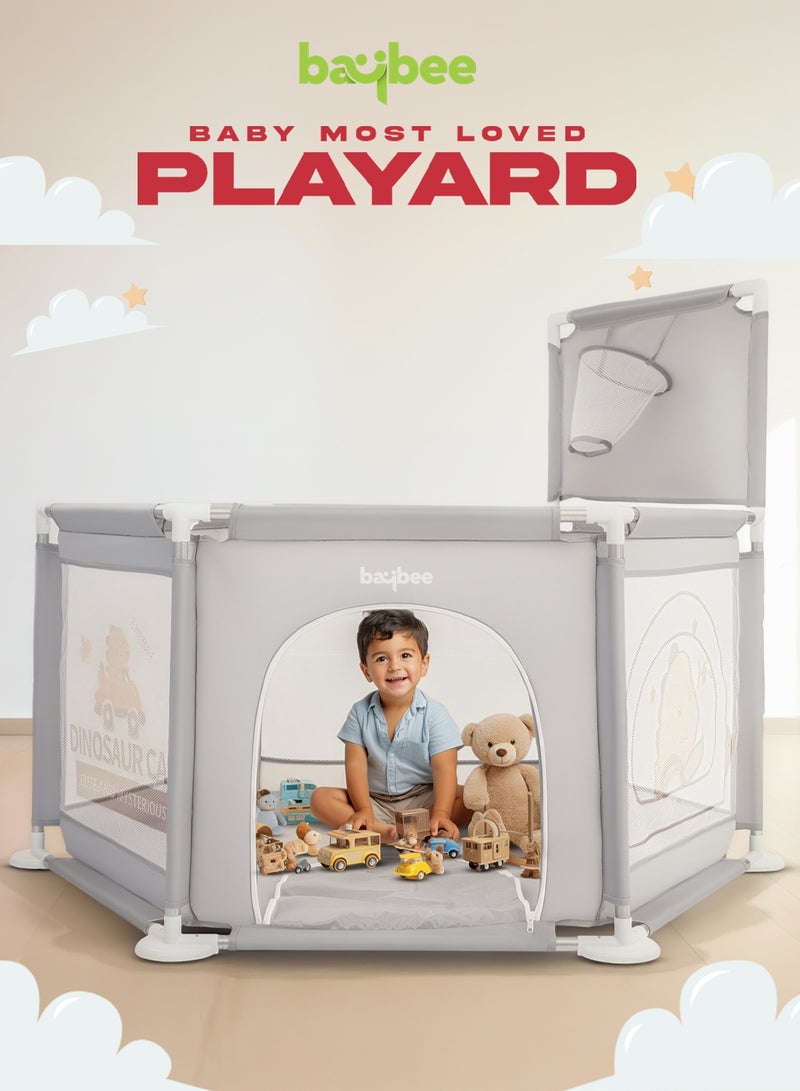 Baybee Kids Playpen for Babies | Baby Playards with Basketball Hook, Zipper Lock & Corner Protection | Infant Indoor And Outdoor Kids Activity Center | Foldable Baby Play Area Indoor Setup Baby Playpen Fence with Hexagon shape for Extra Space | Outdoor Play Pen for Baby up to 5 Years Grey - Image 3