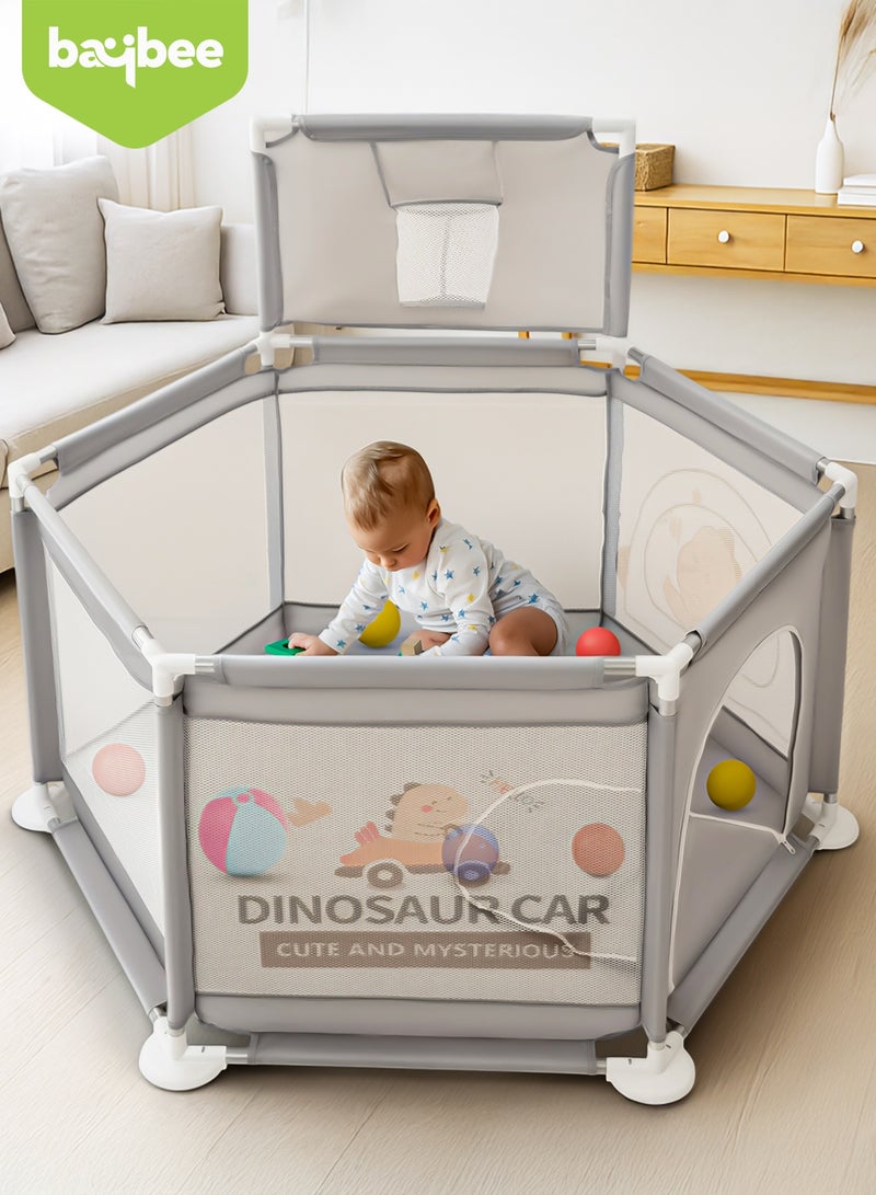 Baybee Kids Playpen for Babies | Baby Playards with Basketball Hook, Zipper Lock & Corner Protection | Infant Indoor And Outdoor Kids Activity Center | Foldable Baby Play Area Indoor Setup Baby Playpen Fence with Hexagon shape for Extra Space | Outdoor Play Pen for Baby up to 5 Years Grey - Image 2