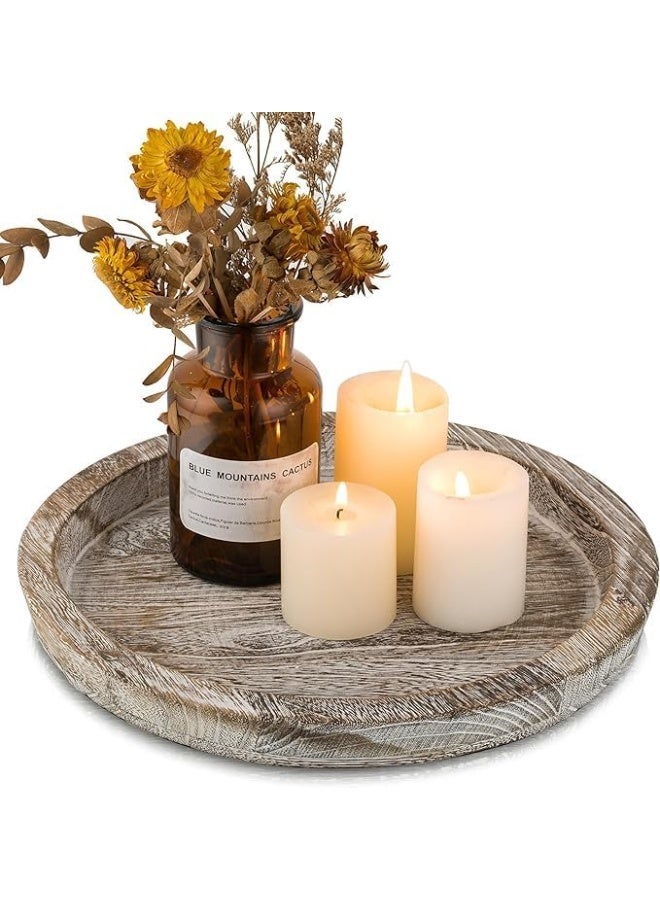 Relex Wooden Decorative Serving Tray, Coffee Serving Tray, Rustic Round Centerpiece Candle Holder Trays, Whitewashed Plate Decor for Farmhouse Kitchen and Table Decor and Dining Room - Image 1