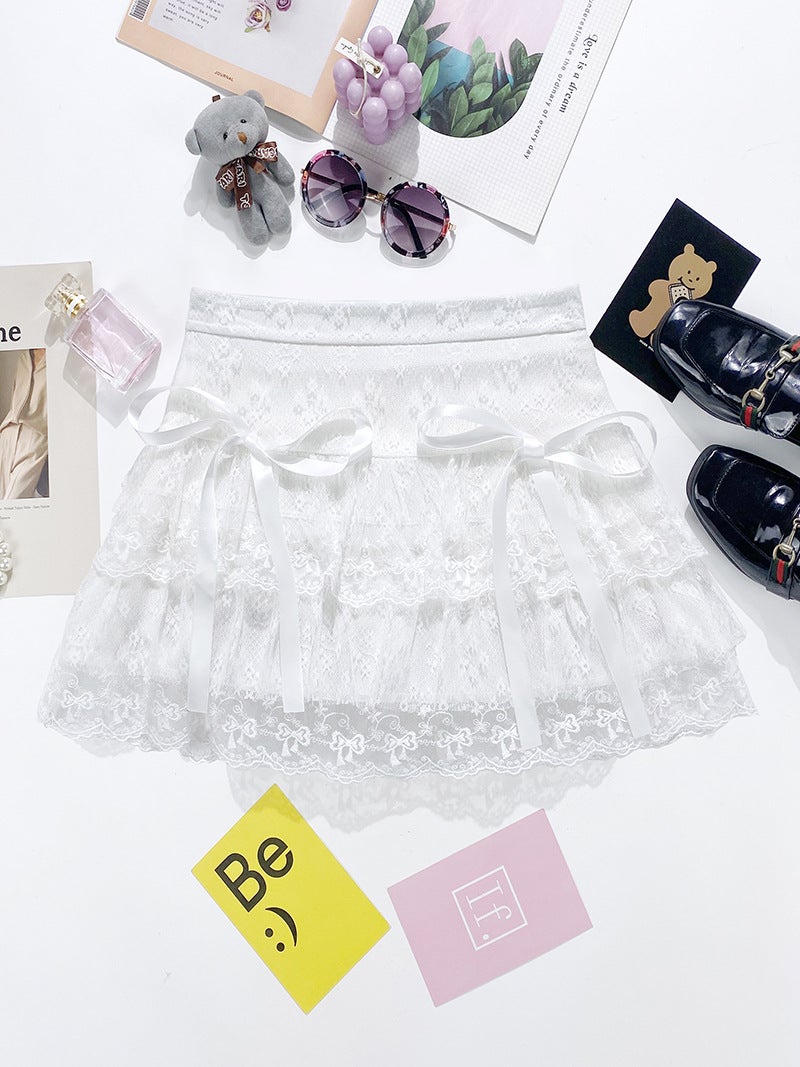 Tie bow white puffy fairy skirt sweet wind lace slim cake skirt a generation of hair 9483 White