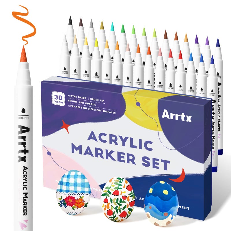 Arrtx 30 Colors Acrylic Paint Pens for Rock Painting, Extra Brush Tip, Water Based Paint Markers for Stone, Glass, Easter Egg, Wood and Fabric Painting-No Toxic,No Odor 30B - Image 1