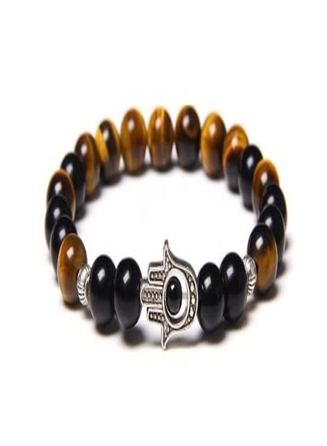 ASTROGHAR Natural Tiger Eye And Black Tourmaline Hamsa hand Lucky Metal Charm Bracelet For Men And Women - Image 2