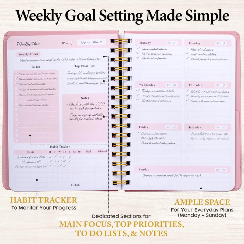 Only Zest Undated Weekly Planner â€“ Minimalist Daily Planner Notebook for Work, Home & Daily Writing | Simple Matte Planner for Goals, Appointments, Notes & Productivity, Elegant Cardstock Pages, Pink - Image 2
