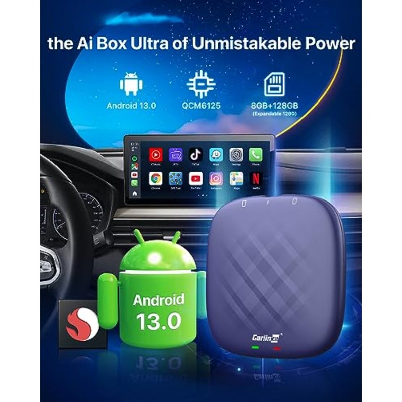 Android 13 Ai Box Ultra Series: محول الوسائط المتعددة لسيارات CarPlay السلكية، Qualcomm 6125، 8GB+128GB، CarPlay/Android Auto/Google Play Store المدمج - Image 2