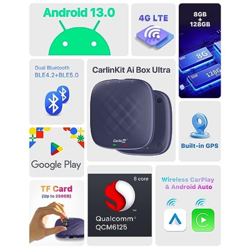 Android 13 Ai Box Ultra Series: محول الوسائط المتعددة لسيارات CarPlay السلكية، Qualcomm 6125، 8GB+128GB، CarPlay/Android Auto/Google Play Store المدمج - Image 4