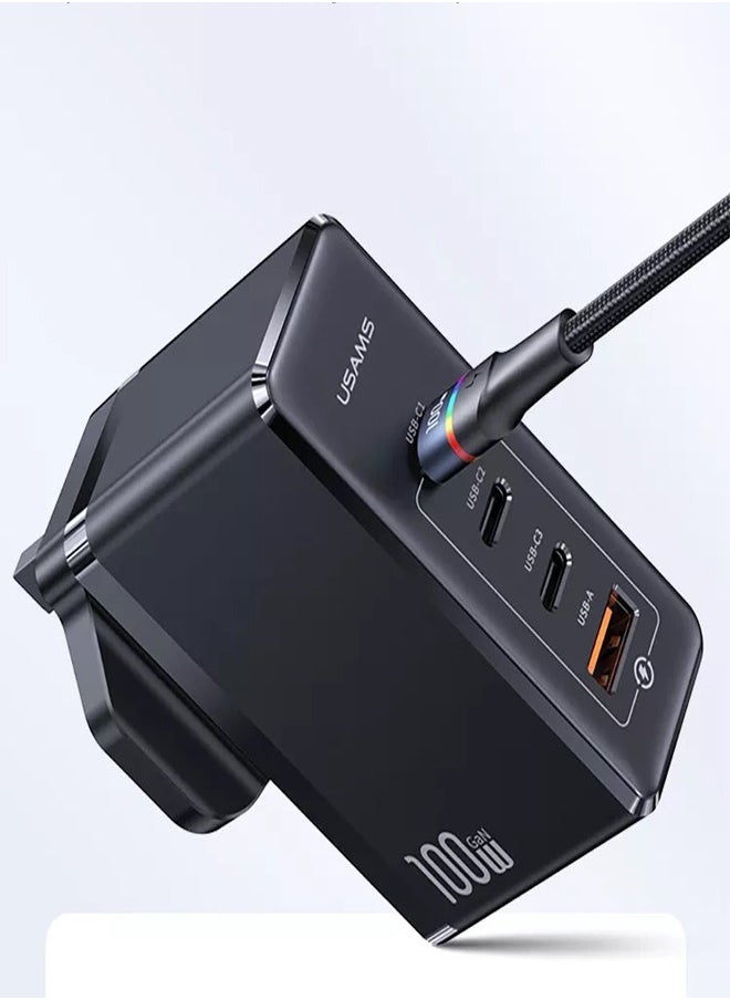 Usams - 100W GaN Charger For Laptop Mobiles with 3 USB-C and 1 QC3.0 USB-A Ports The Ultimate Fast Charger for iPhone 14, 13 Pro, Xiaomi, Samsung, and Macbook - Image 1