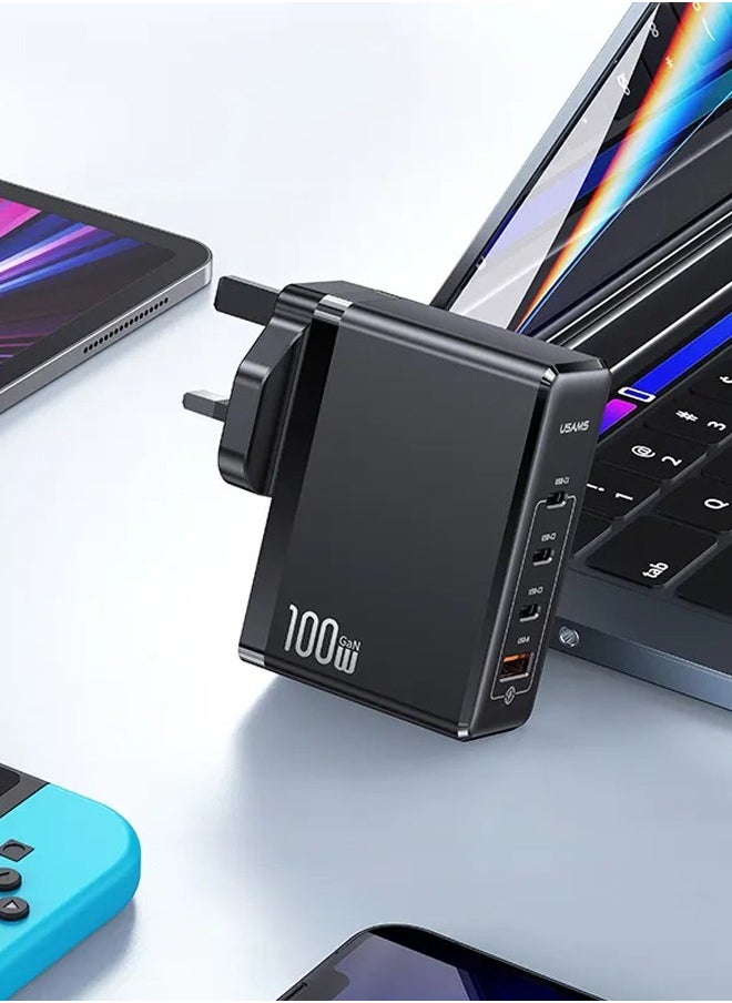 Usams - 100W GaN Charger For Laptop Mobiles with 3 USB-C and 1 QC3.0 USB-A Ports The Ultimate Fast Charger for iPhone 14, 13 Pro, Xiaomi, Samsung, and Macbook - Image 1