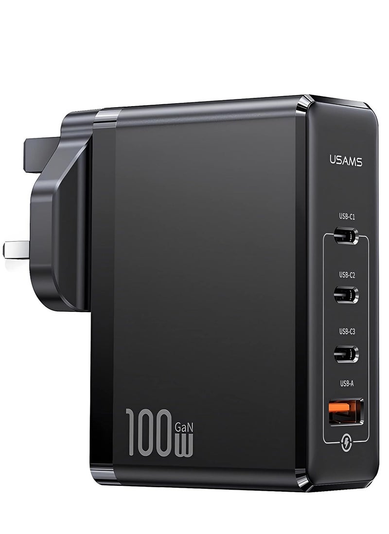 Usams - 100W GaN Charger For Laptop Mobiles with 3 USB-C and 1 QC3.0 USB-A Ports The Ultimate Fast Charger for iPhone 14, 13 Pro, Xiaomi, Samsung, and Macbook - Image 1