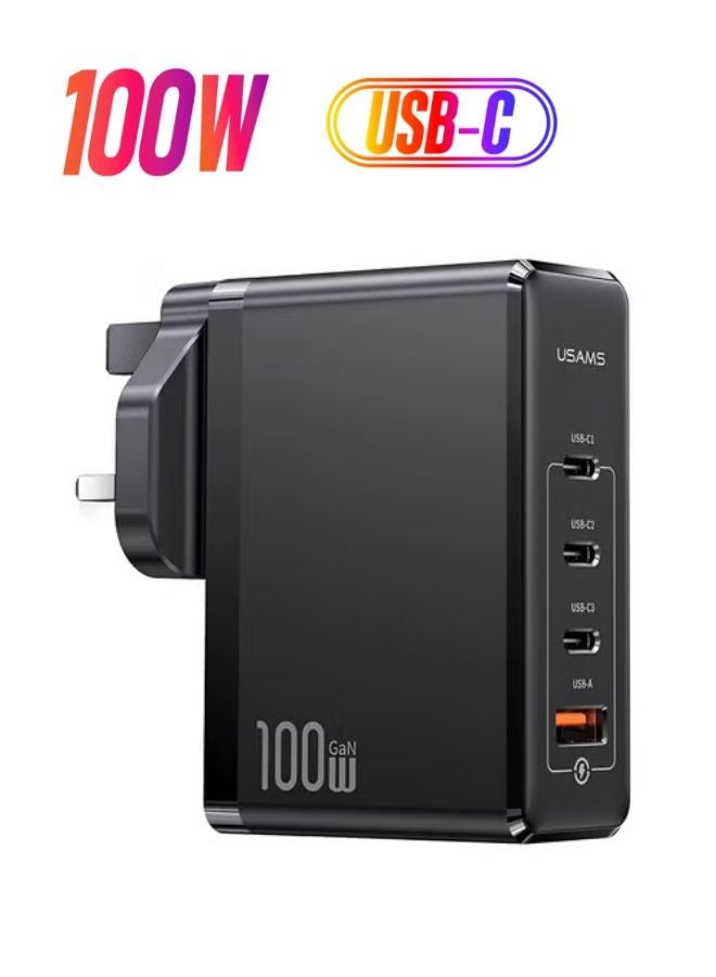 Usams PD100W 4Ports GaN USB C Fast Charger Laptop Charging Plug Type C Power Adapter Compatible With MacBook Pro Air iPhone 16 15 Series iPad Galaxy S24 S23 Ultra Steam Deck Laptops Tablets Black  - Image 1