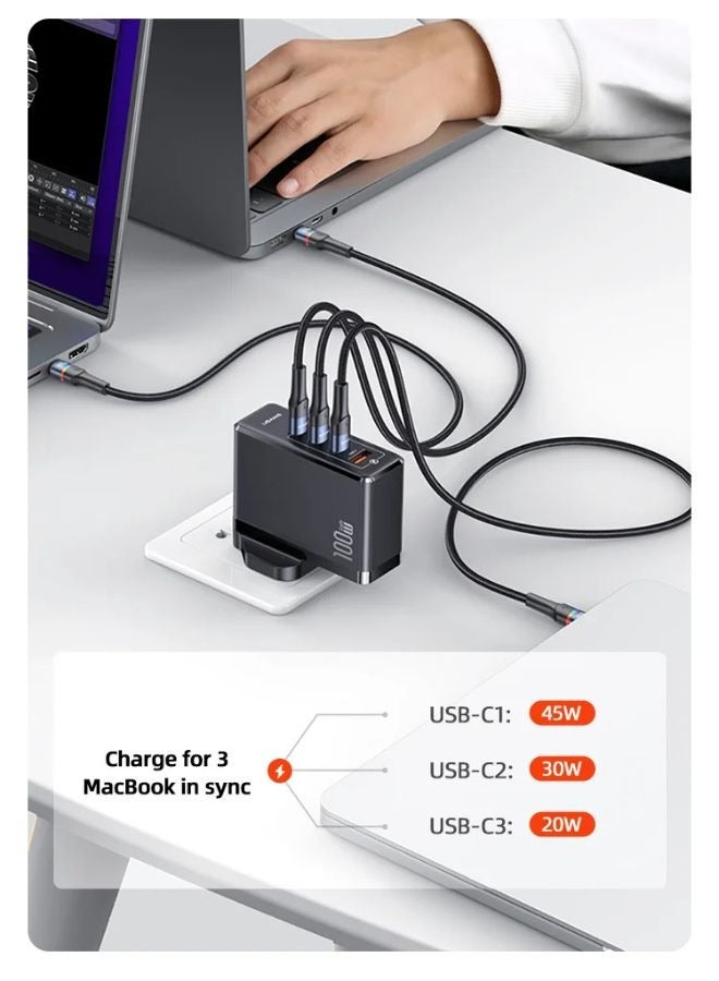 Usams PD100W 4Ports GaN USB C Fast Charger Laptop Charging Plug Type C Power Adapter Compatible With MacBook Pro Air iPhone 16 15 Series iPad Galaxy S24 S23 Ultra Steam Deck Laptops Tablets Black  - Image 3
