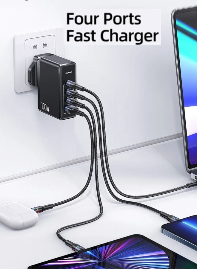 Usams PD100W 4Ports GaN USB C Fast Charger Laptop Charging Plug Type C Power Adapter Compatible With MacBook Pro Air iPhone 16 15 Series iPad Galaxy S24 S23 Ultra Steam Deck Laptops Tablets Black  - Image 2