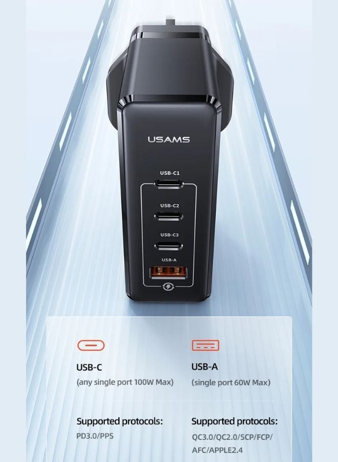 Usams PD100W 4Ports GaN USB C Fast Charger Laptop Charging Plug Type C Power Adapter Compatible With MacBook Pro Air iPhone 16 15 Series iPad Galaxy S24 S23 Ultra Steam Deck Laptops Tablets Black  - Image 4