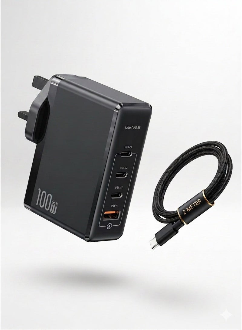 Usams PD100W 4Ports GaN USB C Fast Charger Laptop Charging Plug Type C Power Adapter Compatible With MacBook Pro Air iPhone 16 15 Series iPad Galaxy S24 S23 Ultra Steam Deck Laptops Tablets Black - Image 1