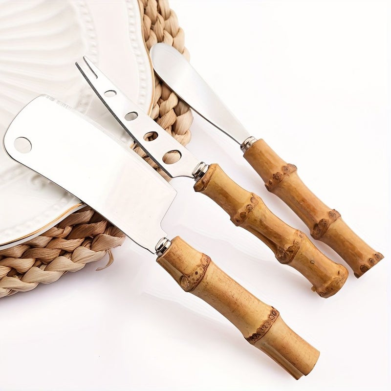 3 Piece Bamboo Handle Stainless Steel Cheese Knife Set Butter Spread Shovel - Image 4