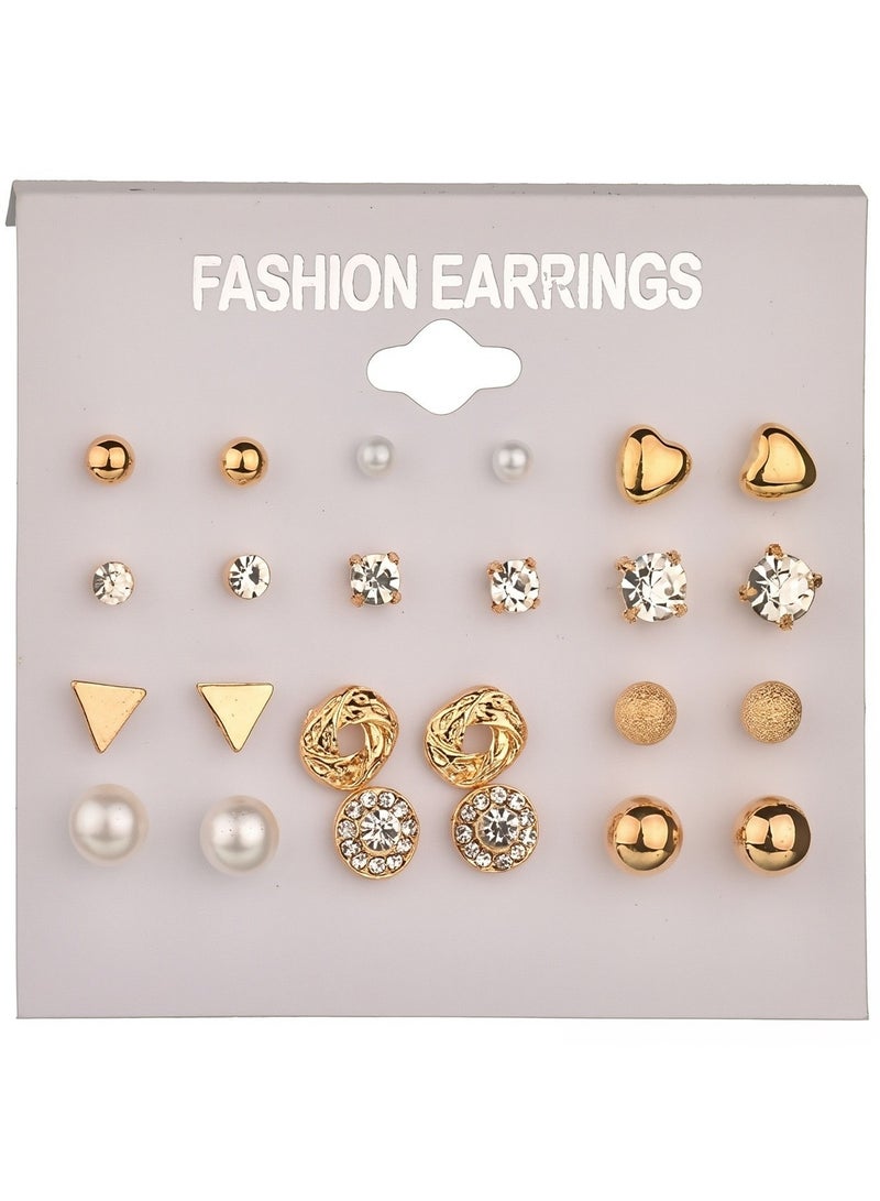 12 Pairs Stud Earrings Set for Women and Girls Gold Tone Pearl, Crystal, Heart, Ball, Geometric Designs Simple Fashion Jewelry Gift for Daily Wear, Party, Eid  - Image 1